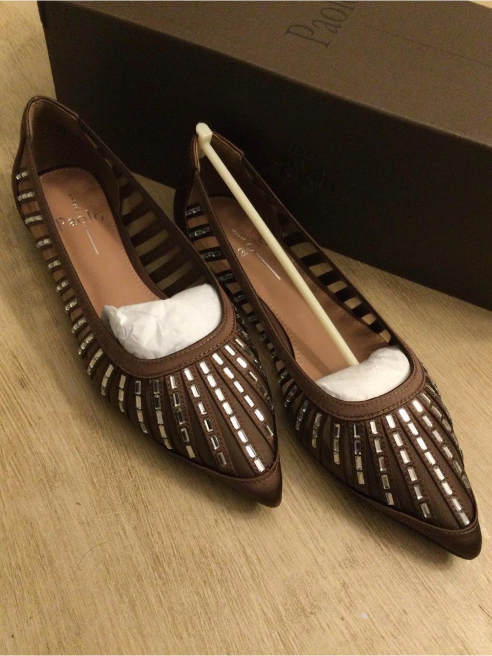 Paolo Brown Pointed Toe Flats with Mirrored Beading Noelle brand new